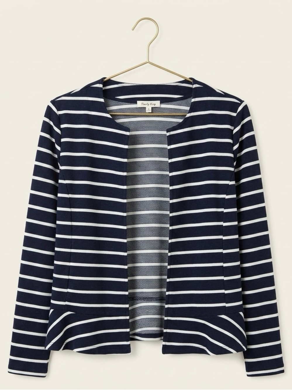 Jane and Delancey Navy and White Striped Open-Front Blazer w/ Peplum style hem